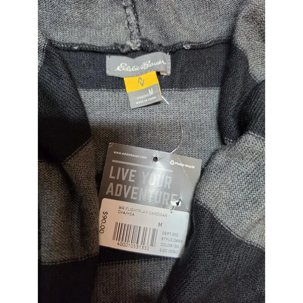 Eddie Bauer Women’s M Flightplan Cardigan Sweater Black Gray Striped Open Front